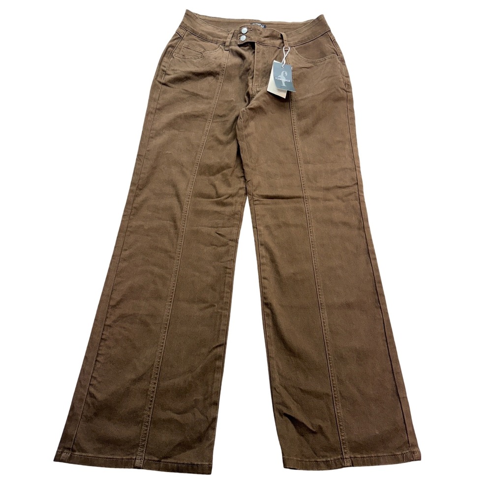 Flaminals High Rise Wide Leg Front Seam Denim Pants Women Large Brown NWT